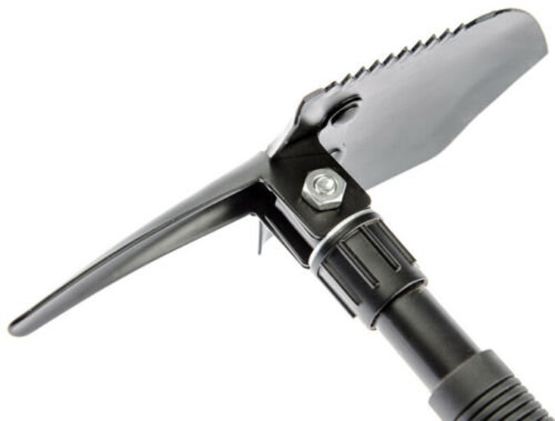 May include: A black folding shovel with a serrated edge and a telescoping handle. The shovel is made of metal and has a black finish.