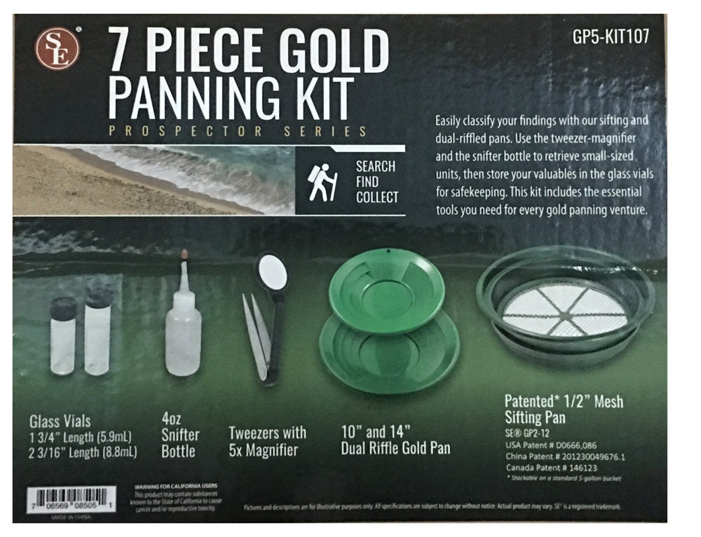 ASR Outdoor 7pc Gold Panning Kit 1/2 Mesh Classifier, 14 10 Green Gold  Pans, 2 vials, Snuffer Bottle, Tweezers with Magnifier 
