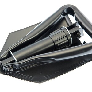 May include: A black folding shovel with a serrated edge and a handle that folds into the shovel head.