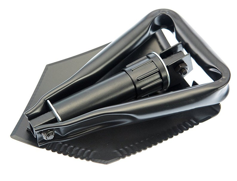 May include: A black folding shovel with a serrated edge and a handle that folds into the shovel head.