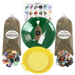 May include: A green and yellow panning kit for finding gemstones. The kit includes two bags of dirt, a green pan, a yellow sifter, a small bottle of liquid, and a small bag labeled "Quick Strike".