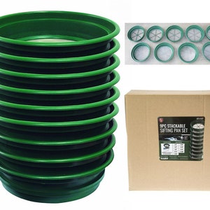 May include: A set of 9 green stackable sifting pans with mesh screens. The pans are stacked in a tower and the box they come in is visible in the background. The box says "9PC Stackable Sifting Pan Set".