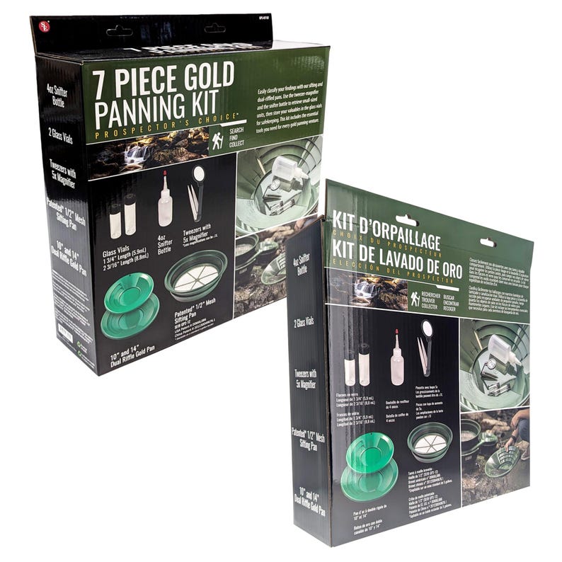 Puede incluir: Un kit de prospecci&oacute;n de oro de 7 piezas en una caja negra y verde. El kit incluye viales de vidrio, una botella de aspiraci&oacute;n, pinzas con lupa y un tamiz de malla de 1/2". La caja tambi&eacute;n presenta dos bateas de oro de doble canal de 25,4 cm y 35,56 cm.