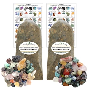 May include: Two bags of gemstone paydirt, each containing a variety of colorful gemstones and a gemstone identification chart. The bags are labeled "Sluiceboy Prospecting" and "Gemstone Paydirt".