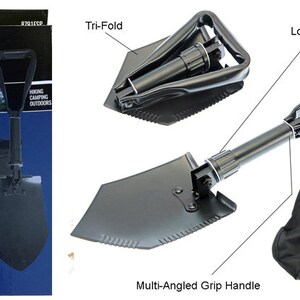 May include: A black tri-fold serrated shovel with a multi-angled grip handle. The shovel folds into a compact design and comes with a nylon pouch. The shovel is constructed of heat-treated steel for increased durability.