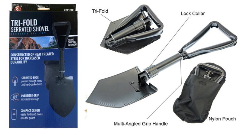 May include: A black tri-fold serrated shovel with a multi-angled grip handle. The shovel folds into a compact design and comes with a nylon pouch. The shovel is constructed of heat-treated steel for increased durability.