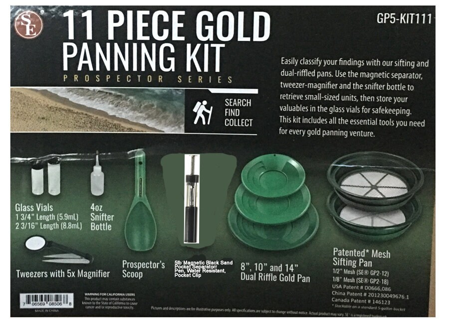 ASR Outdoor 11pc Gold Rush Gold Prospecting Kit 1/8 & 1/2 Coarse Classifier  Screen, Vials, Dual Riffle Gold Pans