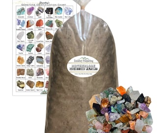 May include: A clear plastic bag filled with brown dirt and a variety of colorful gemstones. The bag has a label that reads "Motherlode Gemstone Paydirt".