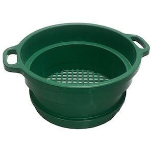 May include: A green plastic panning bowl with a mesh screen insert. The bowl has two handles on the sides.