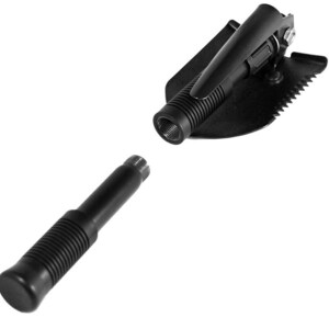 May include: A black folding shovel with a telescopic handle. The shovel has a serrated edge and a pointed tip. The handle is made of black plastic and has a textured grip.