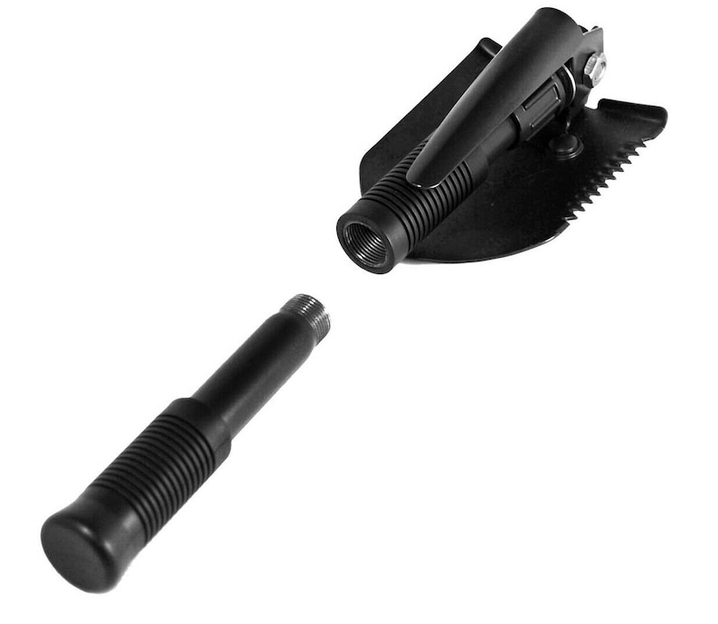 May include: A black folding shovel with a telescopic handle. The shovel has a serrated edge and a pointed tip. The handle is made of black plastic and has a textured grip.
