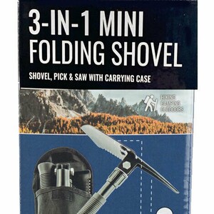 May include: A black and silver 3-in-1 mini folding shovel with a pick and saw. The shovel is in a black carrying case. The packaging says "3-in-1 Mini Folding Shovel" and "Shovel, Pick & Saw with Carrying Case".