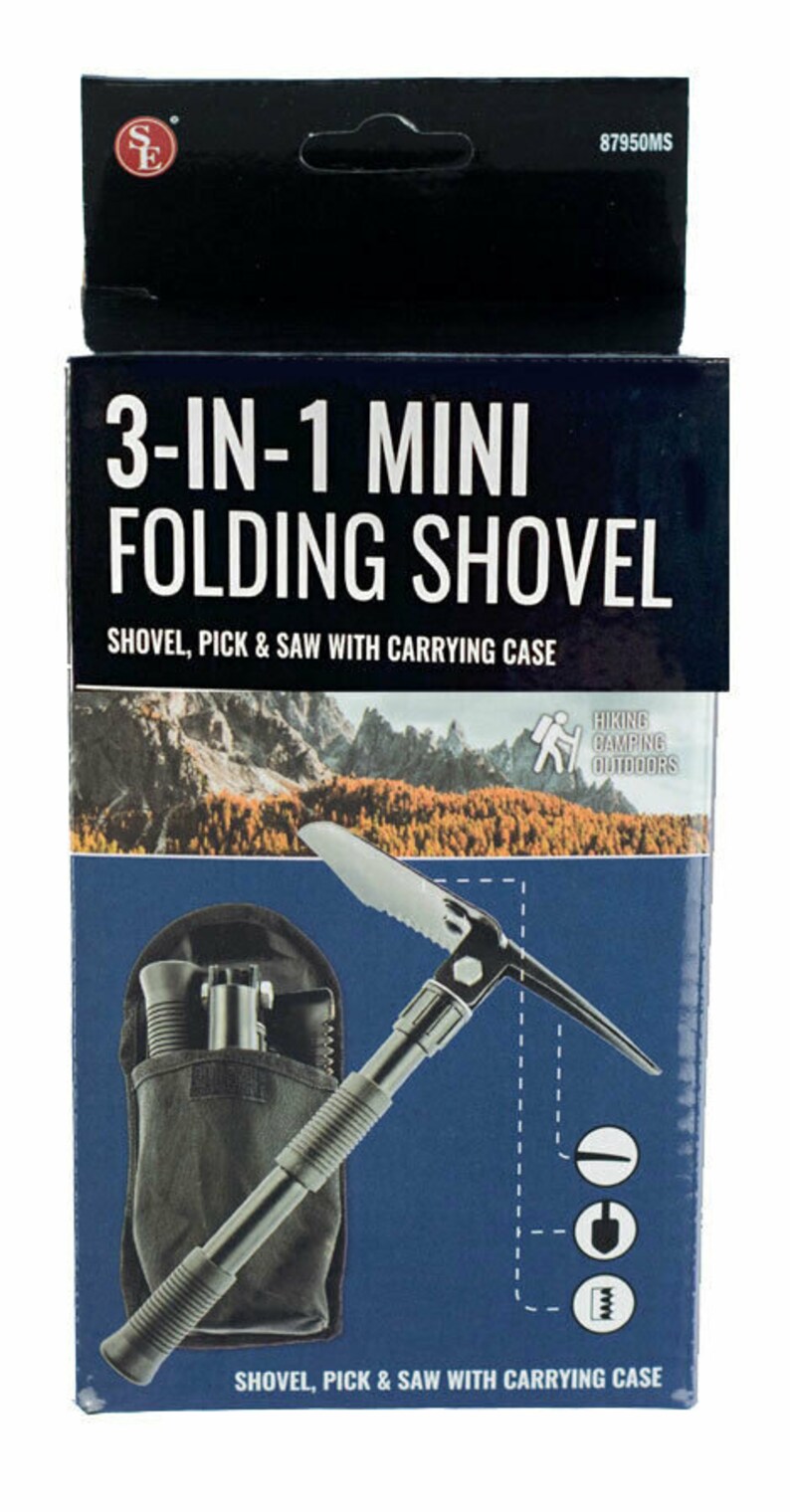 May include: A black and silver 3-in-1 mini folding shovel with a pick and saw. The shovel is in a black carrying case. The packaging says "3-in-1 Mini Folding Shovel" and "Shovel, Pick & Saw with Carrying Case".