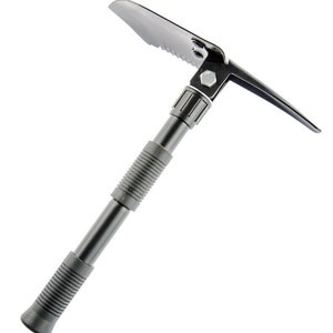 May include: A black folding shovel with a telescopic handle. The shovel has a serrated edge and a pointed tip.