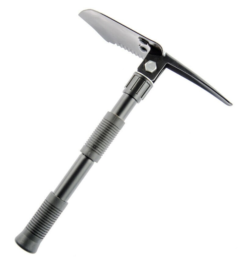 May include: A black folding shovel with a telescopic handle. The shovel has a serrated edge and a pointed tip.