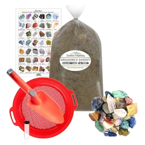8 lb. Gem Mining Kit | 8 Pounds Gemstone Paydirt | Sieve | Gem ID Chart | Shovel | Vial | Rough Gemstone Mix
