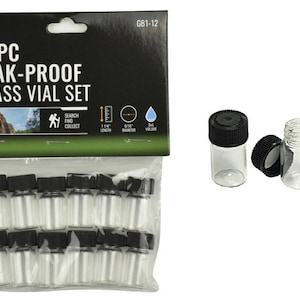 May include: A package of 12 clear glass vials with black screw-on lids. The package is labeled "12PC LEAK-PROOF GLASS VIAL SET" and "GB1-12".