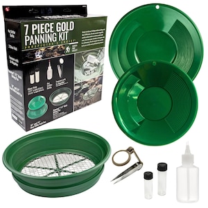 May include: A 7-piece gold panning kit with a green dual riffle gold pan, two green pans, a sifter, glass vials, a magnifier, and a squeeze bottle. The box reads "7 Piece Gold Panning Kit Prospector's Choice".