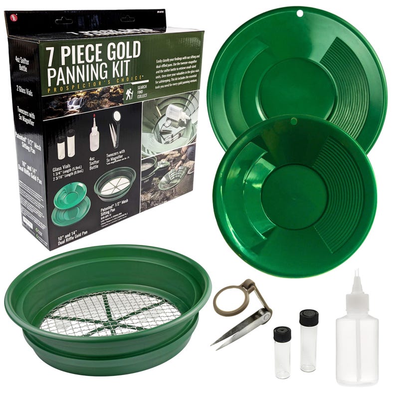 Puede incluir: Un kit de prospecci&oacute;n de oro de 7 piezas con una batea de oro verde de doble ranura, dos bateas verdes, un tamiz, viales de vidrio, una lupa y una botella exprimible. La caja dice "7 Piece Gold Panning Kit Prospector's Choice".