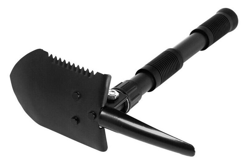 May include: A black folding shovel with a serrated edge and a telescopic handle. The shovel has a pickaxe on the opposite side of the blade.