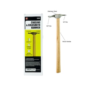 May include: A chasing and goldsmith hammer with a wood handle and a stainless steel head. The hammer is 8.5 inches tall and has a 1/4 inch diameter head. The hammer is made in China.