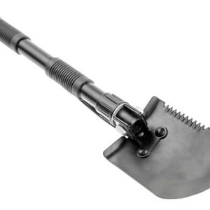 May include: A black folding shovel with a serrated edge and a telescoping handle.