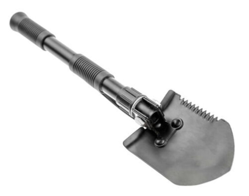 May include: A black folding shovel with a serrated edge and a telescoping handle.