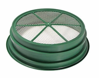 May include: A green, circular sieve with a fine mesh screen. The sieve has a deep, rounded base and a raised rim. The mesh is made of a silver-colored metal. The sieve is designed for sifting materials.