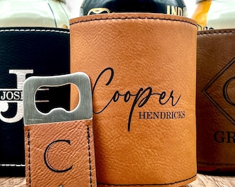 Personalized Can Cooler and Bottle Opener Set – Engraved Groomsmen Proposal Gift, Custom Gift for Him