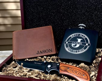 Groomsmen Proposal Gift Box Set – Personalized Flask, Engraved Knife and Leather Wallet Gift for Him