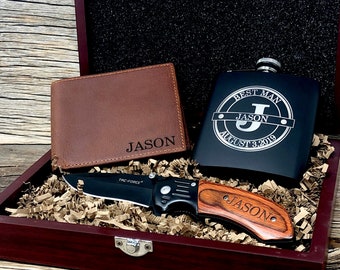 Groomsmen proposal gift for him, rosewood groomsmen box set, black personalized flask and Engraved Knife, Leather wallet and pocket knife
