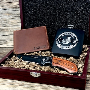 Regalo de propuesta de padrinos de boda para él, juego de caja de padrinos de boda de palisandro, frasco personalizado negro y cuchillo grabado, billetera de cuero y navaja de bolsillo