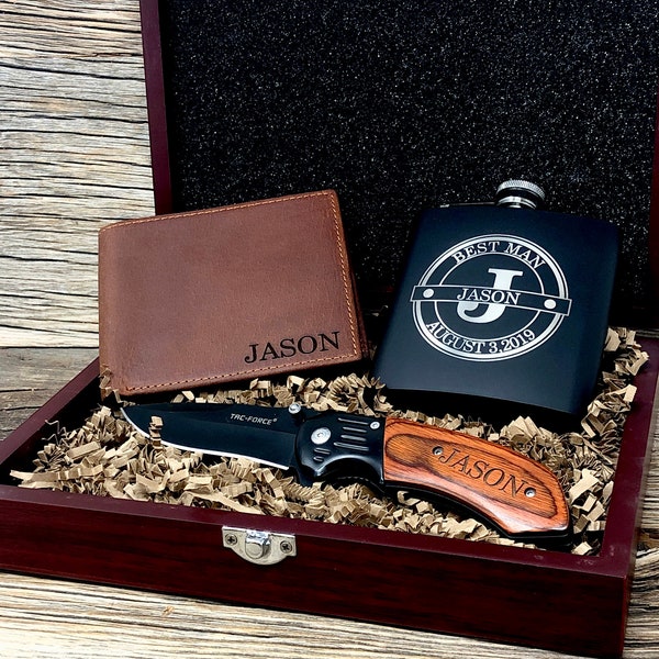 Groomsmen proposal gift for him, rosewood groomsmen box set, black personalized flask and Engraved Knife, Leather wallet and pocket knife