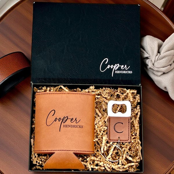 Personalized Groomsmen Gifts Can Cooler & Bottle Opener Set - Engraved Gifts for Him, Father's Day Gifts for Men