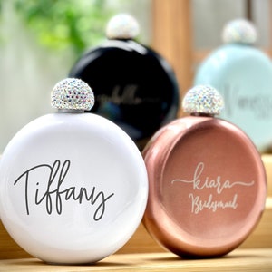 Bridal Party Gift for Friends Personalized Gifts for Her Gifts for Coworkers Office Party Gift Favors Shimmery Round Flasks with Rhinestones