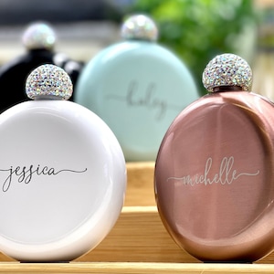 Personalized Round Flasks with Rhinestone Lid for Bridesmaid Gifts