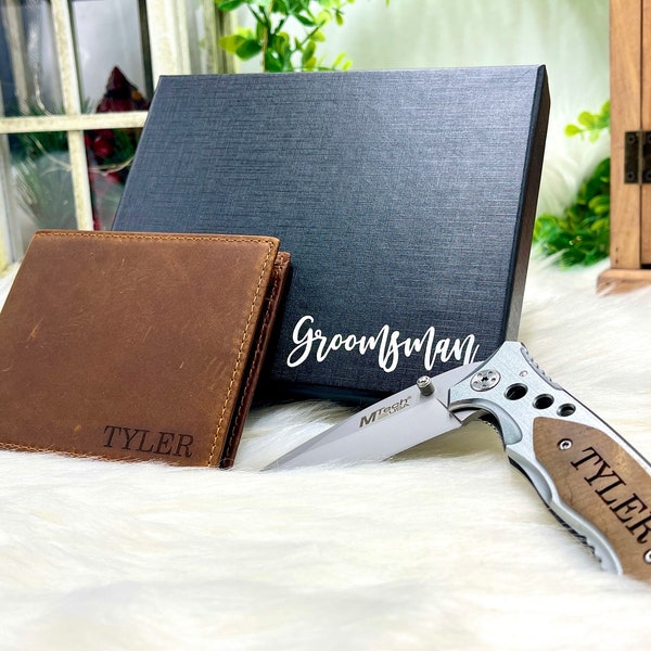 Gift Set for Boyfriend with Engraved Wallet and Personalized Pocket Knife