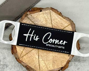 Custom Logo Bottle Opener, Personalized Corporate Gift, Engraved Barware for Company Events or Clients, Vegan Leather Bottle Opener