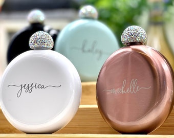 Personalized Round Flasks with Rhinestone Lid for Bridesmaid Gifts