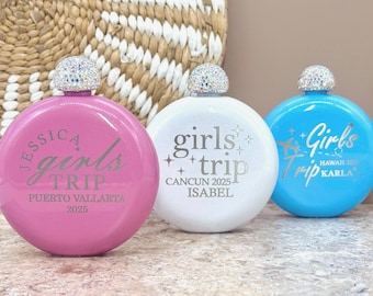 Personalized Girls Trip Flask – Round Sparkly Flask – Custom Name, Location & Year – Girls Weekend Flask – Girls Trip Favor – Gifts for her