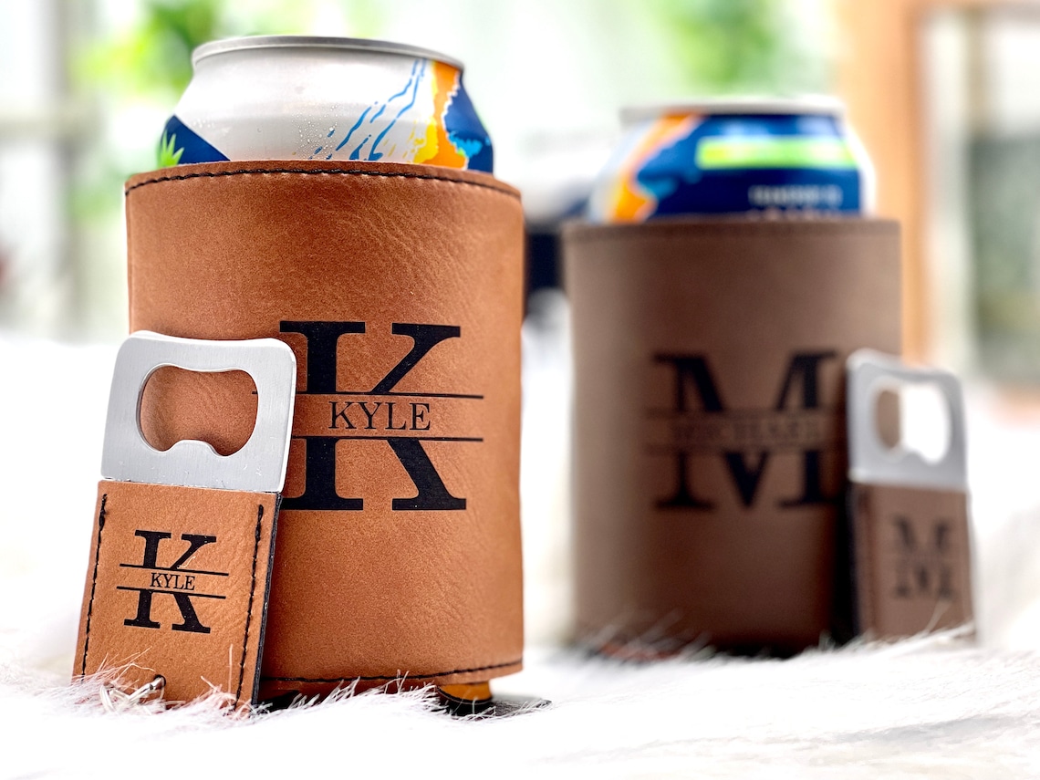 Personalized Can Cooler with Bottle Opener for Groomsmen Gifts Chestnut/Square