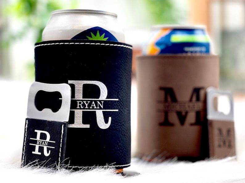 Personalized Can Cooler with Bottle Opener for Groomsmen Gifts Proposal Ideas Black/Square