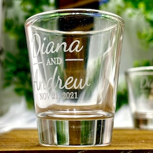 Personalized Wedding Favor Shot Glasses Engraved with Bride and Groom Names and Wedding Date