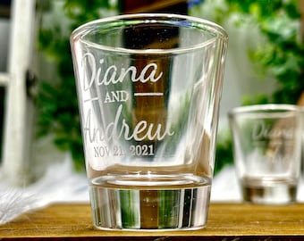 Personalized Wedding Favor Shot Glasses Engraved with Bride and Groom Names and Wedding Date