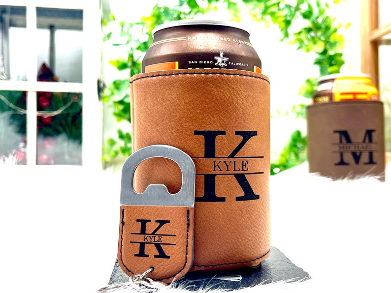 Personalized Can Cooler with Bottle Opener for Groomsmen Gifts Proposal Ideas Chestnut/Round