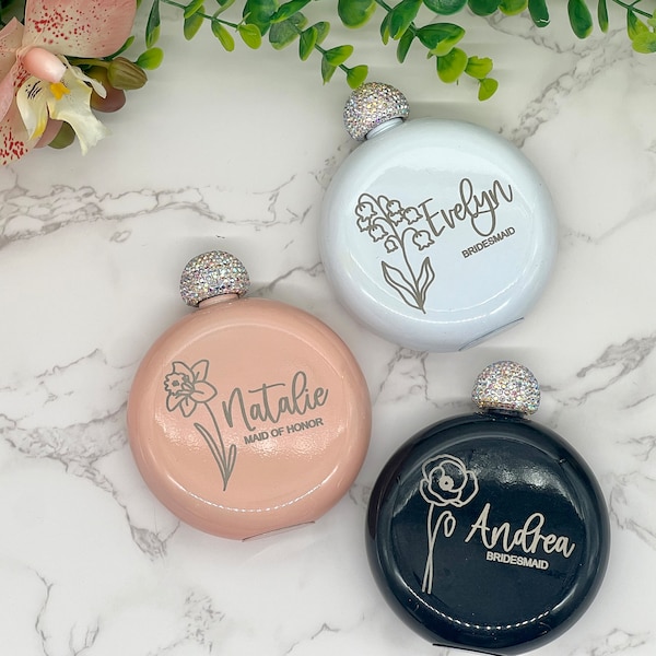 Personalized Round Flasks with Birth Flower for Bridesmaid Gifts, Bridesmaid Proposal, Wedding Party Favors, Flask for Women