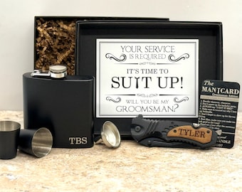 Groomsman Proposal Gift Box Set, Personalized Knife and Flask, Groomsmen Gift with Card, Best Man Proposal, Custom Wedding Party Gift