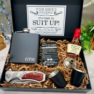 Groomsmen Proposal Gift Box, Groomsmen Gift, Groomsmen Gift Box, Groomsman Gift, Groomsman Gift Box Set, Pocket Knife, Groomsman Flask Gift Silver/Red