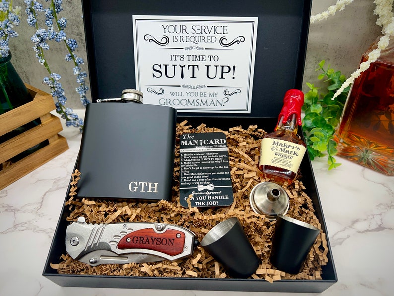 Groomsmen Proposal Gift Box, Groomsmen Gift, Groomsmen Gift Box, Groomsman Gift, Groomsman Gift Box Set, Pocket Knife, Groomsman Flask Gift Silver/Red