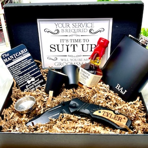 Groomsmen Proposal Gift Box, Groomsmen Gift, Groomsmen Gift Box, Groomsman Gift, Groomsman Gift Box Set, Pocket Knife, Groomsman Flask Gift Black/Brown Wood